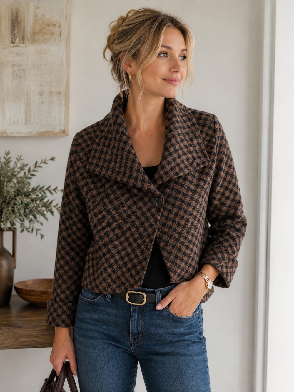 Cynthia Rowley Brown Plaid Tailored Jacket Merino Wool
